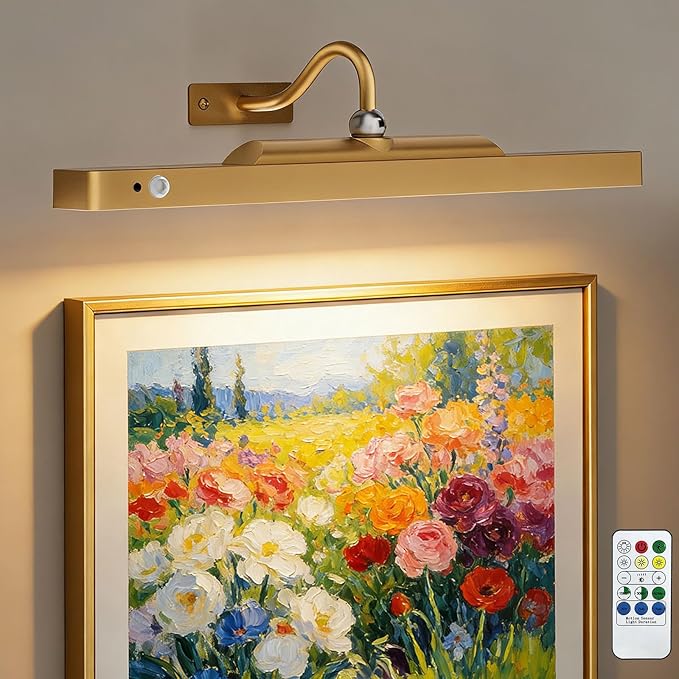 TANBABY 6000mAh Rechargeable LED Picture Lights with Motion Sensor, 3 Color Temps & 5 Levels Brightness Art Light, Cordless Remote Control Magnetic Wall Light for Hallway, Living Room(Gold-1Pack)