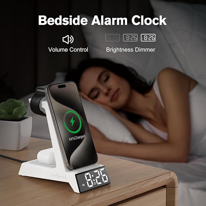 ANJANK 4 in 1 Alarm Clock with Wireless Charging, Wireless Charger Station for Multiple Devices Apple,Charging Dock for iPhone 17 16 15 14 13 12 Pro Max Series, Apple Watch, AirPods Pro 3/Pro 2/4/3/2