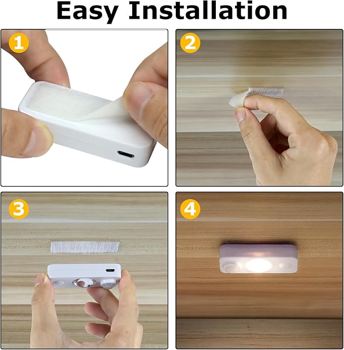 NIEGNOWOO LED Motion Sensor Puck Lights, Rechargeable Cabinet Lights, Stick on Wireless LED Night Light for Closet, Drawer, Shelf, Under Cabinet, Warm White 4Pack, USB Charging Cord Included