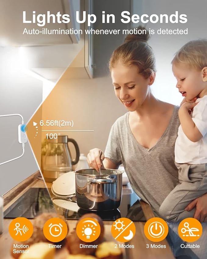 Motion Sensor LED Strip Light - Cabinet Strip Lights with 24W Plug, Dimmer, and Timing, 9.84ft for Under Cabinet, Kitchen, 6000K ColdWhite