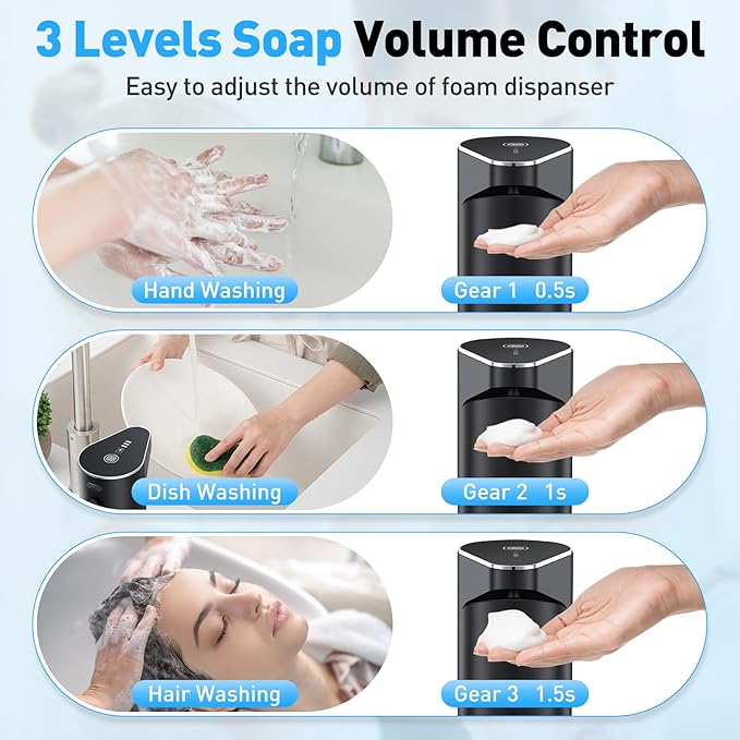 Automatic Soap Dispenser,Touchless Hand Wall Mount Rechargeable 3 Gear Adjustable Electric Soap Dispenser 350ml with Infrared Motion Sensor for Bathroom,Kitchen,Office,Black Foam