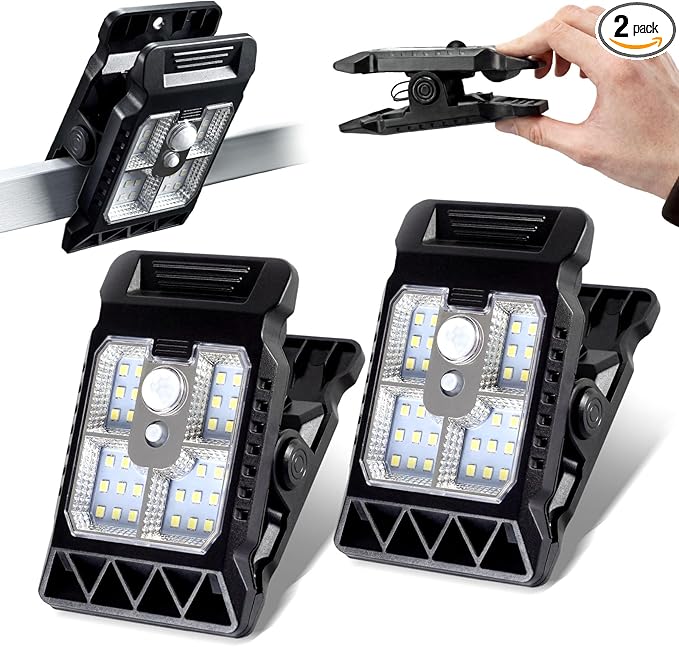 Clip On Solar Lights Outdoor, Motion Sensor Solar Fence Lights with 3 Modes, Wireless Security Lights for Deck, Gutter, Patio, Camping (2 Pack)