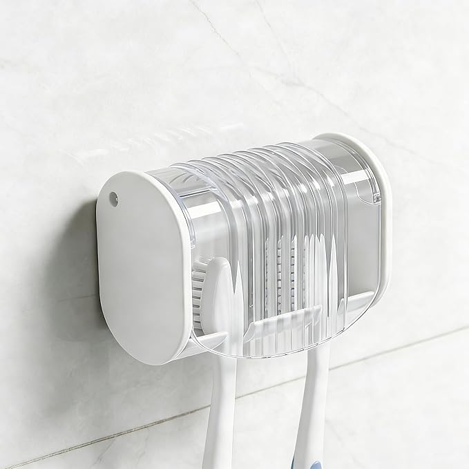 1 Pack Toothbrush Holder Wall Mounted with Cover for Bathroom, 2 Slots Toothbrush Storage Organizer for Shower, Self Adhesive Toothbrush Hanger (White)