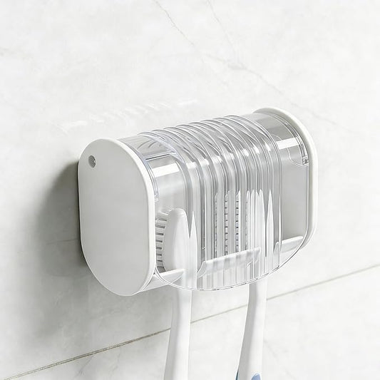 1 Pack Toothbrush Holder Wall Mounted with Cover for Bathroom, 2 Slots Toothbrush Storage Organizer for Shower, Self Adhesive Toothbrush Hanger (White)