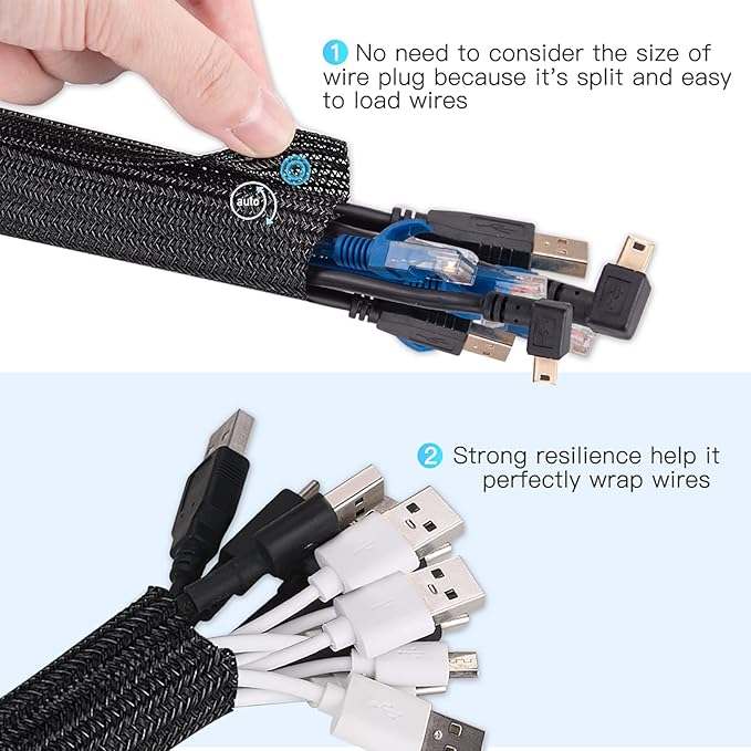 AGPTEK Cable Sleeve, 6.6ft - 1.5 inch Cable Management Desk Cord Cover Organizer Wire Hider for Home Office Computer TV Wire Loom Tubing Pet Proof Cord Protector from Cat Dog Chewing, Black