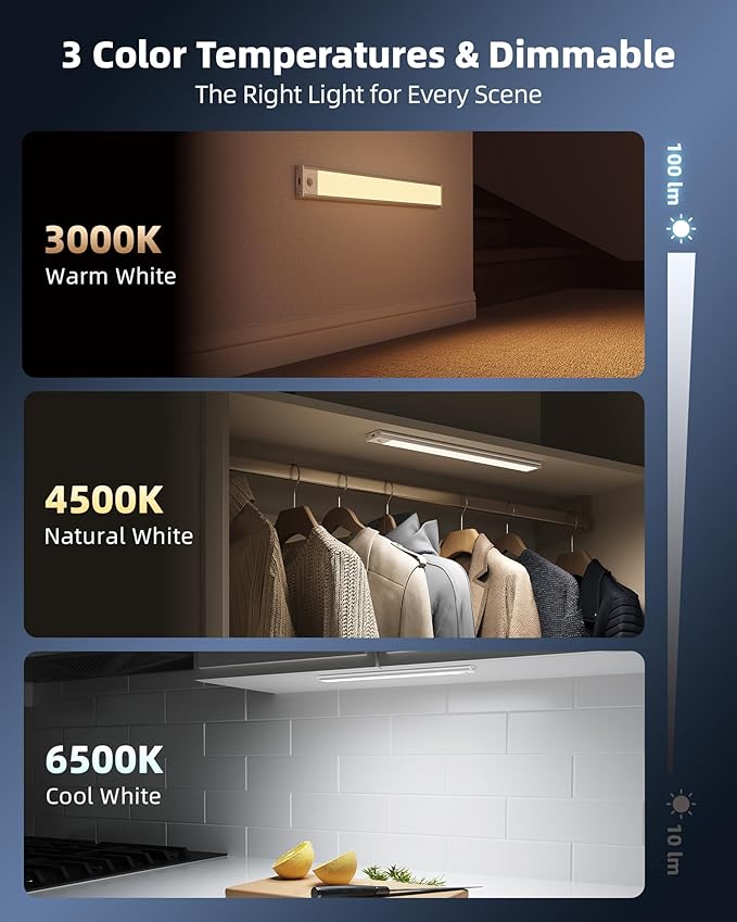 6-Pack Under Cabinet Lighting Wireless, LED Motion Sensor Light Indoor, Rechargeable Closet Lights Battery Operated, Dimmable & 3 Color Temps, Under Counter Lights for Kitchen, Stairs(14inch)