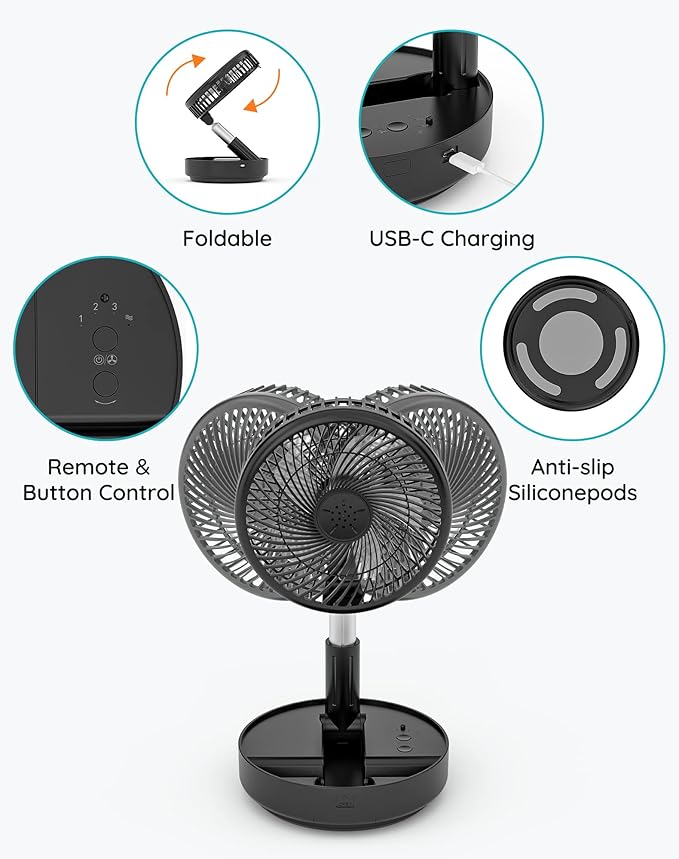 Primevolve Portable Fan, |21H Battery|7200mAh Rechargeable Oscillating Fan with Remote, Foldable Telescopic 7.7" for Travel Camping Cruise Hotel Bedroom, Black