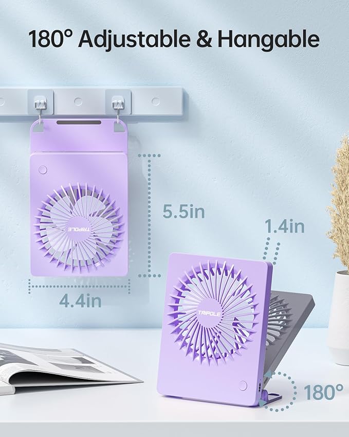 TriPole Mini Portable Desk Fan Rechargeable Ultra Quiet Small Fan 4.5 Inch Personal Travel Fan with 180° Tilt Folding and 3 Speeds Adjustable for Office Desktop Bedroom (Purple)