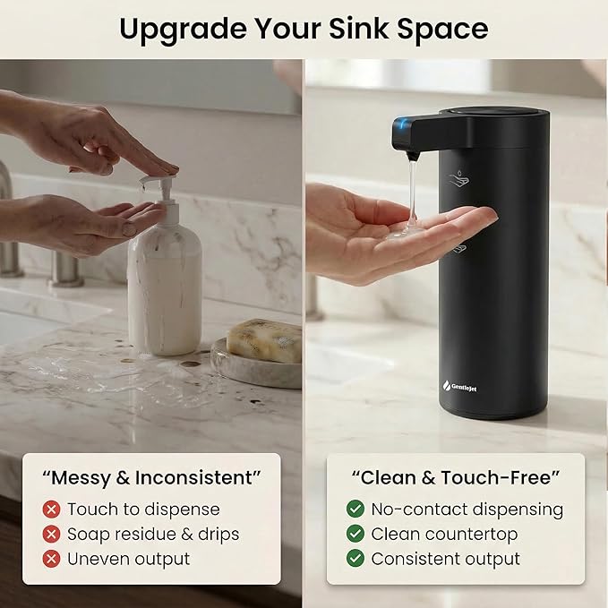 GentleJet SmoothDrop Automatic Liquid Soap Dispenser Touchless, No-Drip Precision Pump, USB-C Rechargeable, 304 Stainless Steel, Waterproof Countertop Dispenser for Kitchen & Bathroom Sink, 270 ml
