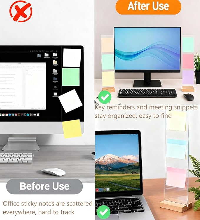 Monitor Memo Board - Removable Sticky Note Holder for Computer Monitors, Transparent Acrylic Office Desk Accessories, No Screen Damage, Fits Laptops & Desktops (Wood-1PC)