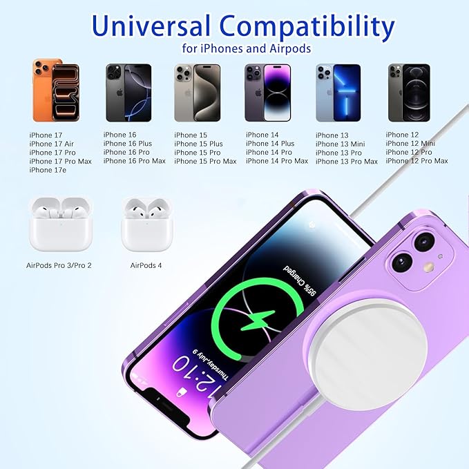 [Apple MFi Certified]Magnetic Charger for iPhone 17,15W Fast Apple Wireless Magnetic Charging Pad,MagSafe Charger with USB C Wall Charging Block for iPhone 17e/Air/16 Pro Max/Plus/15/14,AirPods3/2/Pro