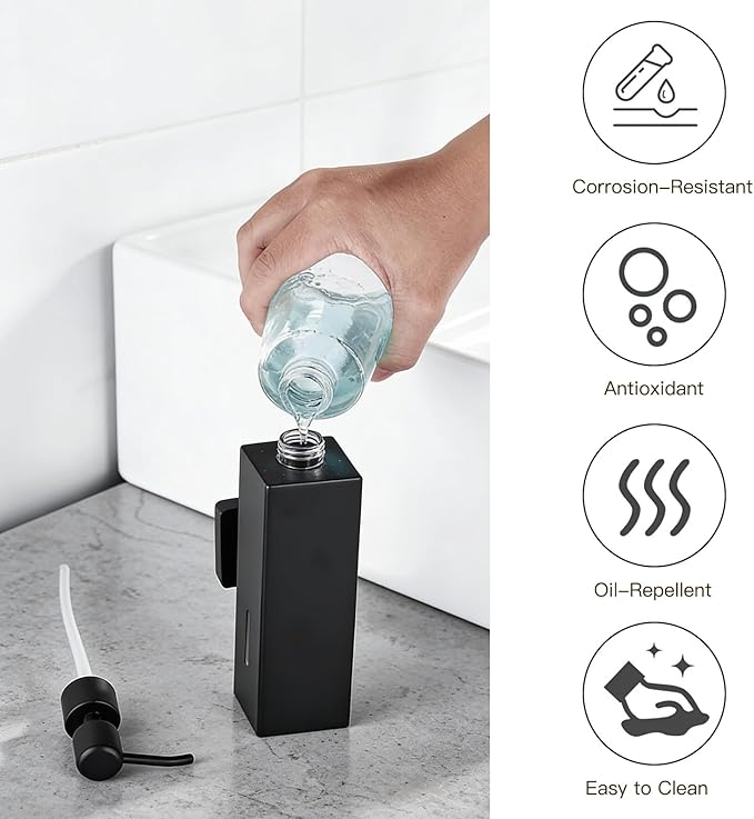 Black Soap Dispenser, Wall-Mounted 304 Stainless Steel Liquid Soap Dispenser for Kitchen and Bathroom