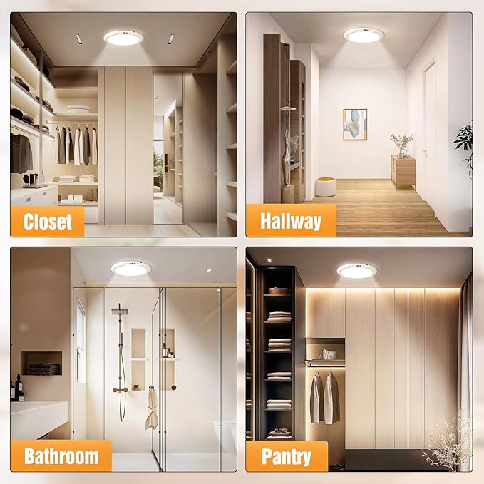 Rechargeable Motion Sensor Ceiling Light, No Wiring Closet Light Battery Operated with Remote Dimmable Timing, Magnetic Motion Activated Shower Light for Closet Shower Bathroom Hallway