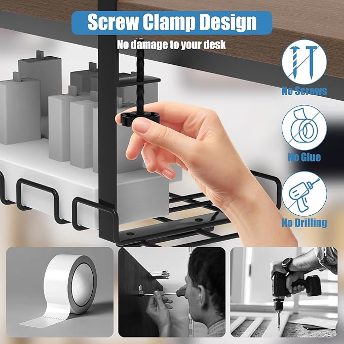 Under Desk Cable Management Tray, No Drill Steel Cord Organizer Kit with 52Pcs Different Essential Accessories for Home Office Standing Desk (15.7/13.4inch, Black)