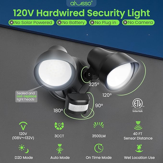 ALUSSO Motion Sensor Outdoor Lights, 30W 3500LM Flood Lights Outdoor 120V, 3 Modes (Dusk to Dawn/Auto/On Time), 3CCT 3000K/4000K/6500K Waterproof Hardwired Security Light ETL Listed for Porch, 2PCS