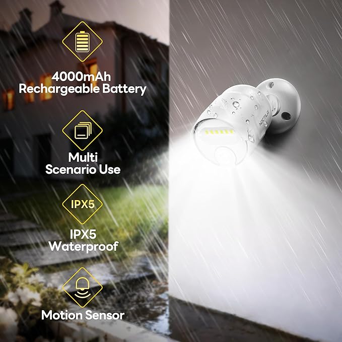 Rechargeable Battery Operated Motion Sensor Light, 4000mAh Battery Powered Spotlight 600 Lumen Outdoor IP65 Waterproof for Porch, Yard, Wall, Garden