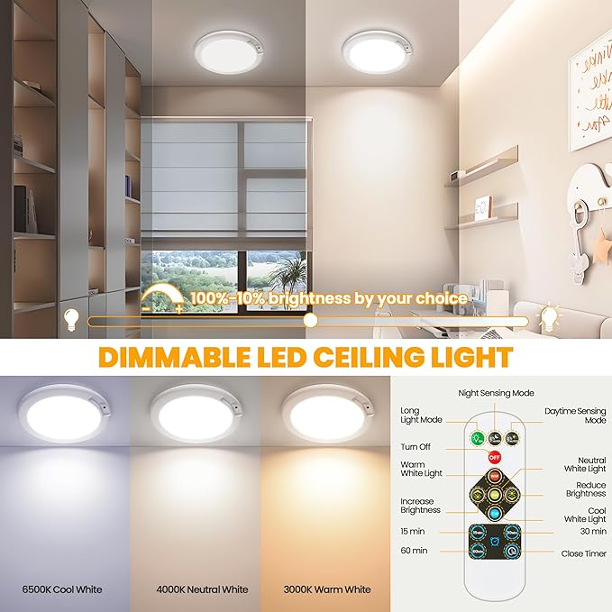 SunRider 2-Pack Rechargeable Motion Sensor LED Ceiling Light with Remote, Wireless Battery Operated 3CCT Dimmable Closet Lights for Shower Pantry