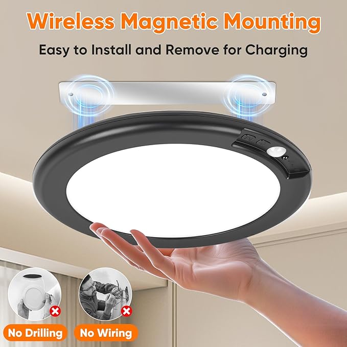2-Pack Rechargeable Motion Sensor Ceiling Lights with Remote, Battery Operated Ceiling Lights No Wiring, Wireless LED Ceiling Lights, 3 Colors Dimmable Overhead Lamps for Closet Shower Hallway, Black