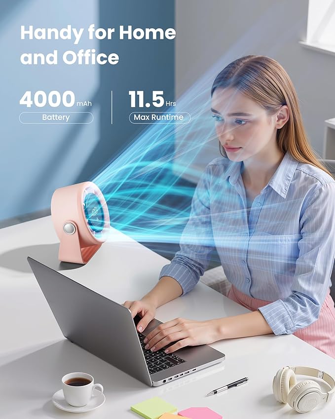 Gaiatop Small Desk Fan Rechargeable, Quiet Personal Table Fan, Touch Control Display, 360° Tilt, 5-Speed Strong Wind, 4000mAh Battery, Small Fans for Bedroom Dorm Office, Gifts for Women Girls, Pink