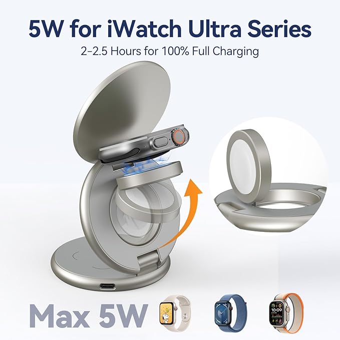 KU XIU X63 Natural Titanium 3 in 1 Charging Station for Apple, Aluminum Alloy Foldable Magnetic Wireless Charger, Travel Stand for iPhone 17/16/15/14/13/12, Apple Watch & AirPod,with 20W Adapter