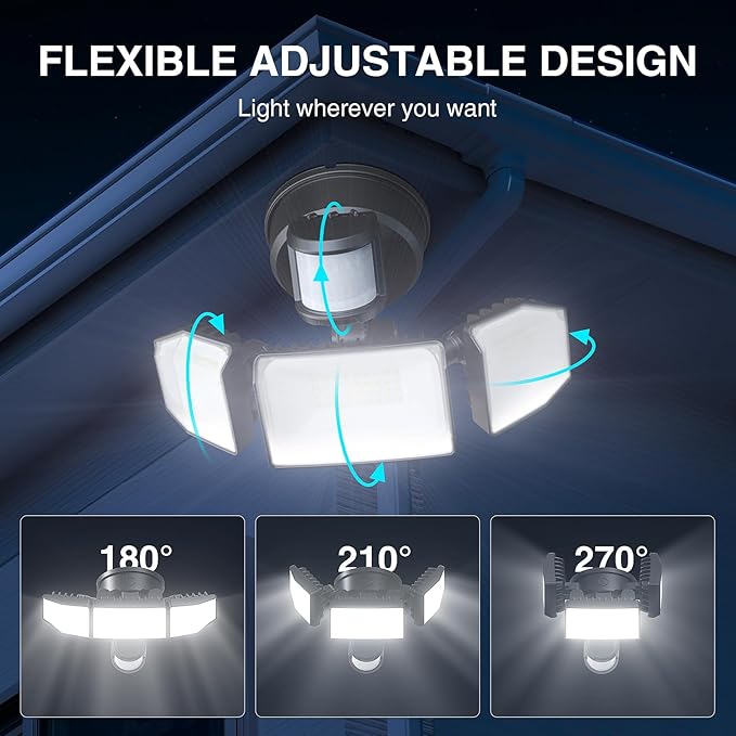 Abovizo 85W Motion Sensor Outdoor Light, 8500LM Ultra-Bright LED Security Light with 3 Adjustable Heads, IP65 Waterproof Dusk to Dawn Flood Light for Garage, Yard, and Driveway, 6500K Daylight, Black