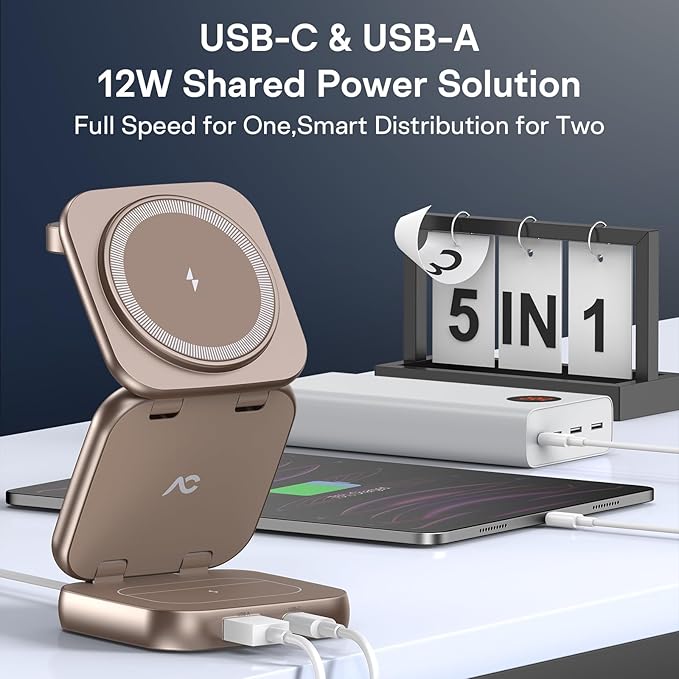 5-in-1 Wireless Charger for MagSafe, AC ISLAND Portable Travel Charging Station, 35W Max Qi2 Fast Foldable Magnetic Stand, Evolved for iPhone 17-12 Series, Apple Watch, AirPods (with 35W Adapter)