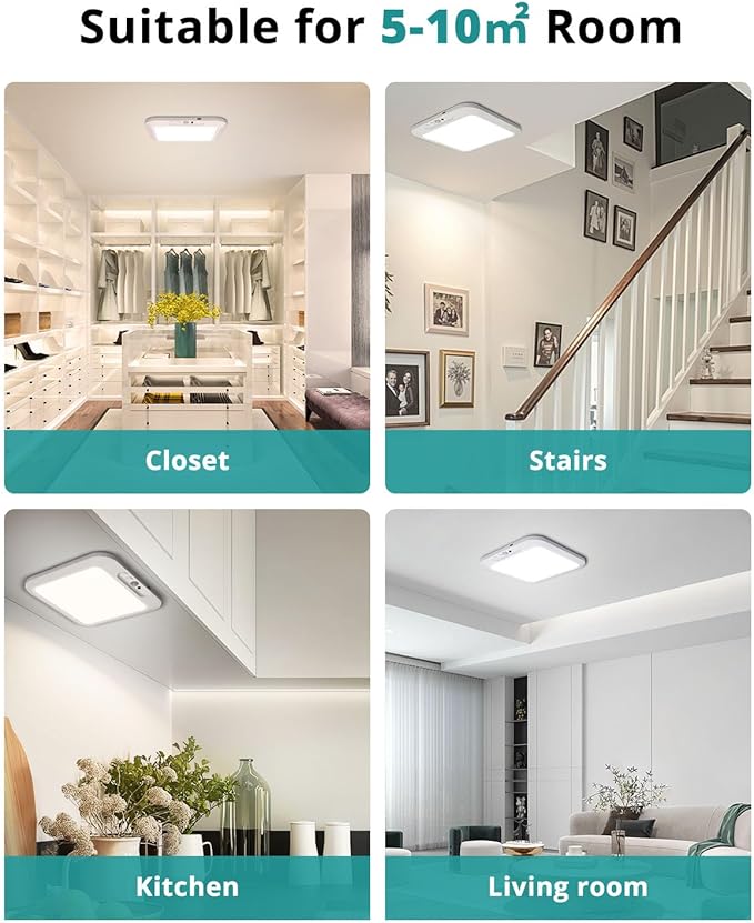 wowatt 2Pcs Rechargeable Battery Operated Ceiling Light, Motion Sensor Light Indoor Wireless Shower Lamp with Remote 3000K 4500K 6500K Dimmable Timing for Closet, Shower, Hallway, Patio