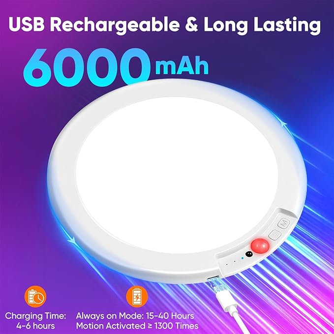 Rechargeable Motion Sensor Ceiling Light with 12 RGB Colors and Cool White Lights, Battery Operated Shower Lamp with Remote, Magnetic Motion Sensor Shower Light for Closet Bathroom Hallway Porch