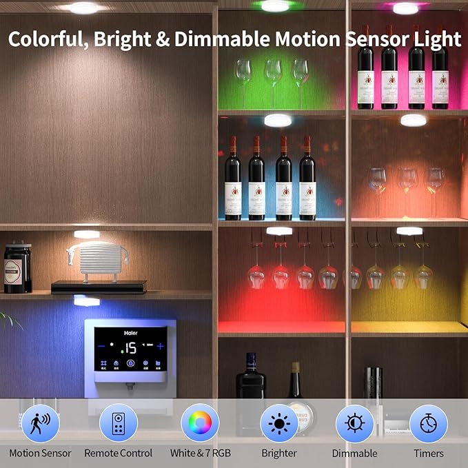 RGB LED Rechargeable Motion Sensor Light Indoor with Remote, Long-Lasting Battery, Bright & Dimmable, Stick-On Puck Night Light for Closet, Cabinet, Kitchen, Stairs, Shelves - Cool & RGB 2Pack