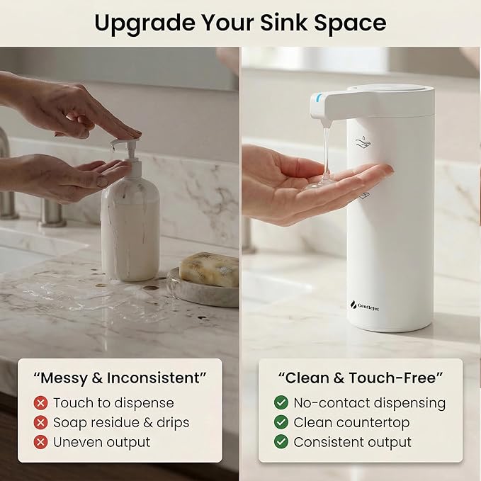 GentleJet SmoothDrop Automatic Liquid Soap Dispenser Touchless, No-Drip Precision Pump, USB-C Rechargeable, 304 Stainless Steel, Waterproof Countertop Dispenser for Kitchen & Bathroom Sink, 270 ml