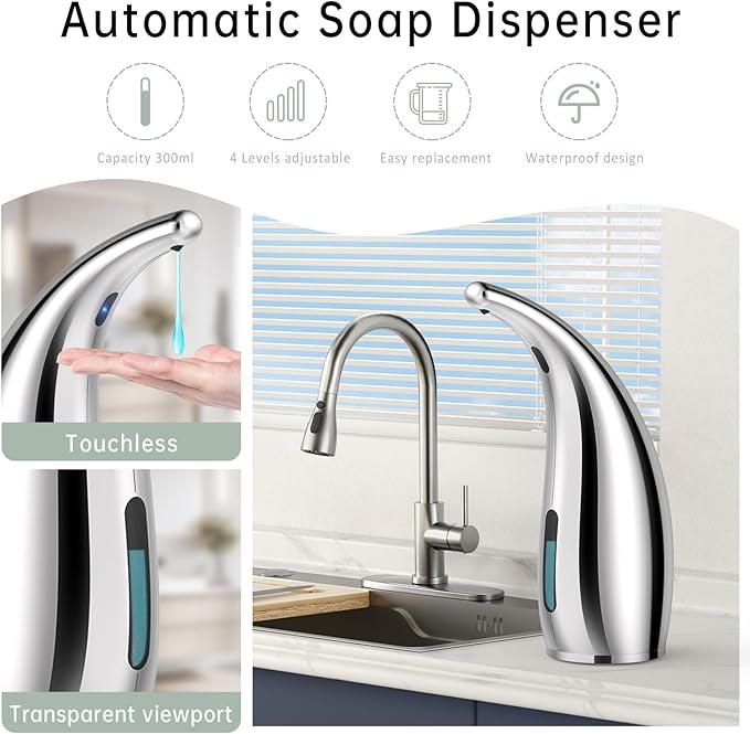 Automatic Liquid Soap Dispenser,300ML Touchless 4 Gear Adjustable,Countertop Electric Battery Operated Hand Soap Dispenser with Sensor for Bathroom,Kitchen,Office（Silver）