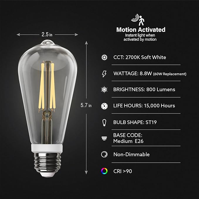 Feit Electric Motion Sensor, Non-Dimmable, Indoor/Outdoor LED Bulb with Exposed Filament, ST19 on E26 Base, High CRI, 60 Watts Equivalent, 2700K, Soft White - ST19CL927CA/MM/FILED