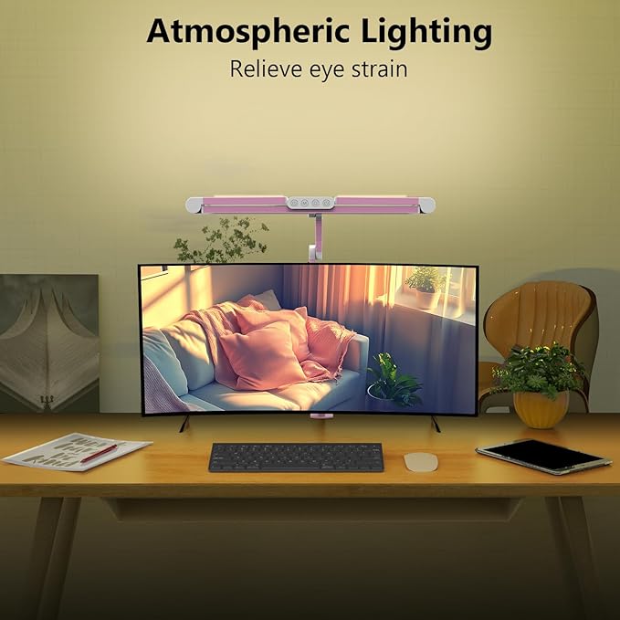 Micomlan Architect Desk Lamp for Home Office, Pink Desk Lamp with Clamp for Working, 24W Bright Rotatable Led Table Light Stepless Dimming Tempering Wide Computer Light for Crafting Puzzle Hobby
