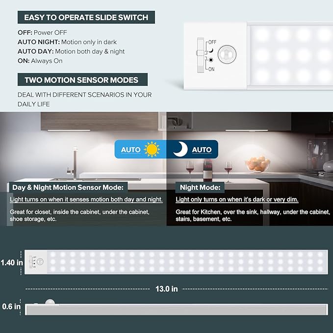Alivation 60 LED Closet Lights Battery Powered LED Lights, Bright Under Cabinet Lighting, Motion Sensor Light Indoor, Wireless Lights, 2400mah Rechargeable Battery Operated Lights, 120 Days Run Time