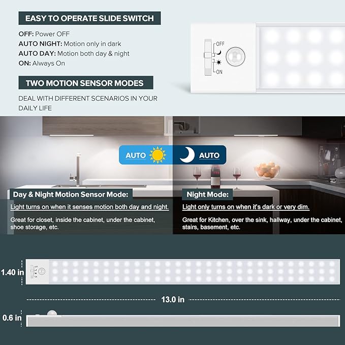 60 LED Closet Lights Battery Powered, BLS Super Bright Under Cabinet Lighting, Motion Sensor Light, Wireless, 2400mah Rechargeable Operated, 120 Days Run Time, 6000k Clean White-13 Inches