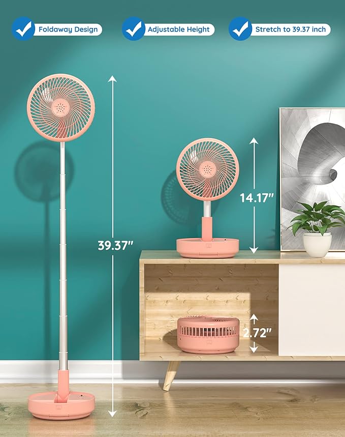 Primevolve Portable Fan, |21H Battery|7200mAh Rechargeable Oscillating Fan with Remote, Foldable Telescopic 7.7" for Travel Camping Cruise Hotel Bedroom, Pink