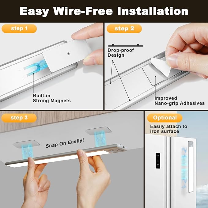 Reoshine 126 LED Under Cabinet Lighting Wireless, 2500mAh Rechargeable Closet Lights Motion Sensored, 3 Color Temps, Dimmable Magnetic Light Bar for Kitchen, Pantry, Stair (2 Pack)