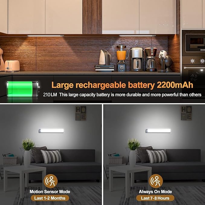 Under Cabinet Lights 2 Pack, 60 LED Dimmable Motion Sensor Light Indoor, Wireless USB Rechargeable with 3 Color Modes & Magnetic Mount for Kitchen, Pantry, Wardrobe, Storage, Hallway
