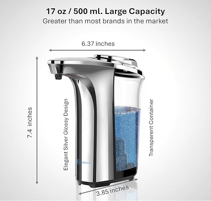 Automatic Soap Dispenser Touchless - Battery Operated Sensor Liquid Soap Pump for Kitchen Sink & Bathroom - Silver Glossy Color, 5 Adjustable Levels, IPX4 Waterproof, 17oz / 500ml