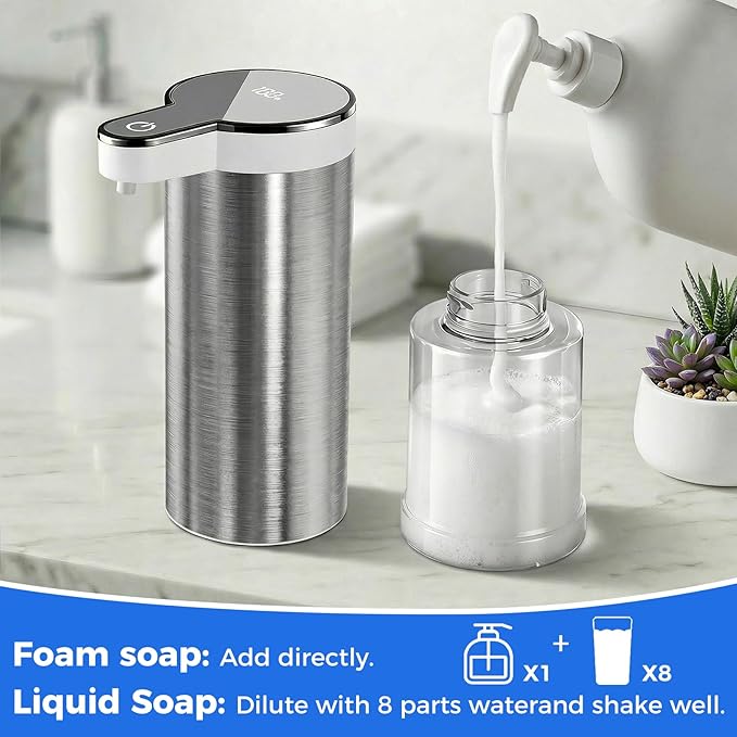 Automatic Foaming Soap Dispenser Touchless, Stainless Steel Hand Soap Dispenser, USB Rechargeable, 4 Adjustable Levels, 11.8oz/350ml for Kitchen and Bathroom (Stainless Steel White, Foam)