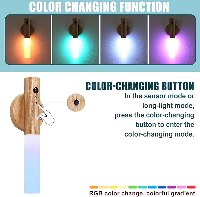 LANDGOO Wireless Wall Sconces Set of 2, RGB Motion Sensor Lights Indoor, Rechargeable LED Night Lights with Wood Design for Bedroom/Closet/Stairs