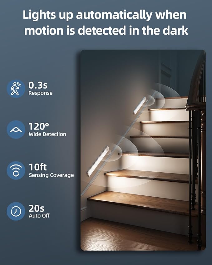 12inch Under Cabinet Lights, Motion Sensor Light Indoor, 2200mAh Rechargeable Battery, Wireless, Magnetic, 5 Levels Dimmable Closet Lights, Under Counter Lights for Kitchen, Bathroom (2 Pack)