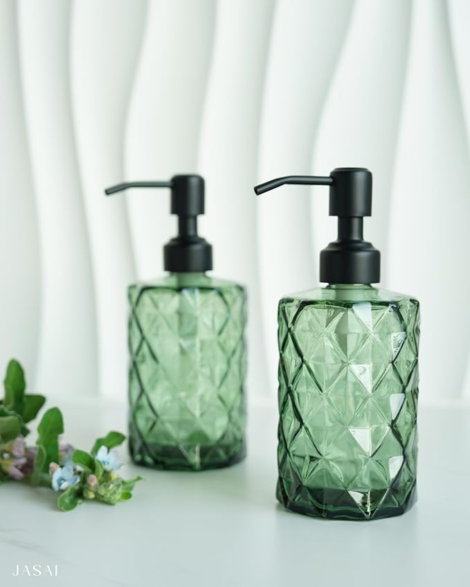 JASAI Forest Green Glass Soap Dispenser with Black Rustproof Pump, Refillable Small Soap Dispenser for Kitchen and Bathroom.