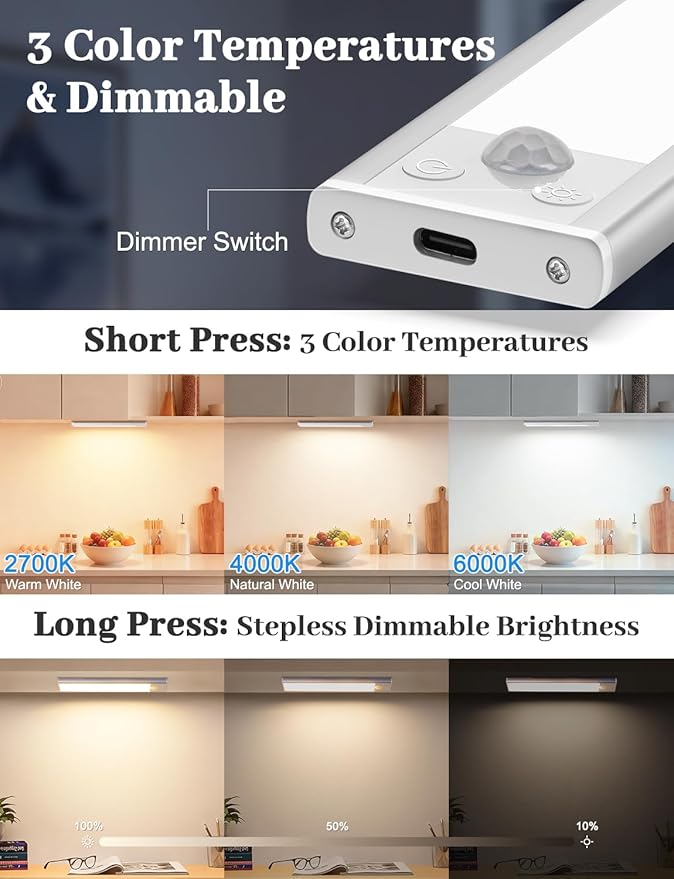 2000mAh Rechargeable Motion Sensor Light Indoor, Under Cabinet Lighting with Charging Station, 3 Color Tempers Dimmable Closet Lights Wireless, Magnetic Under Cabinet Lights for Kitchen, 6-Pack