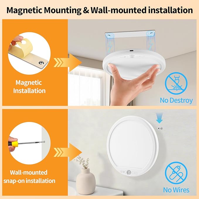 Meliya Rechargeable Motion Sensor Ceiling Light with Remote, 3000K 4000K 6500K Magnetic No Wiring LED Ceiling Light Battery Powered for Shower Stairs Hallway Porch Pantry Garage Patio Shed