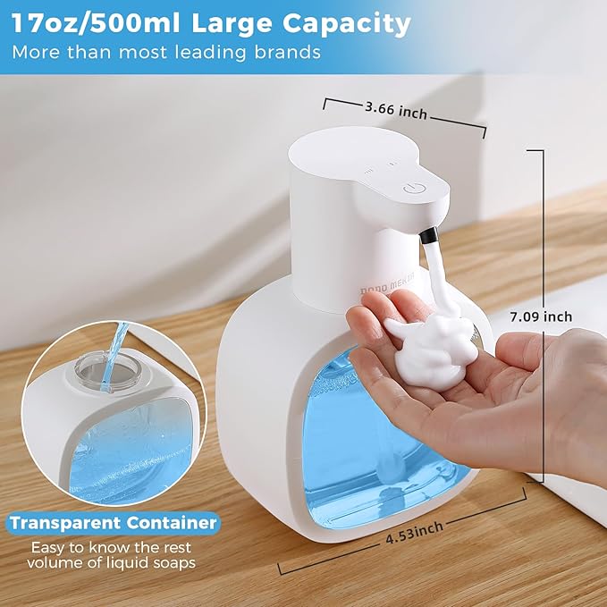 Automatic Foaming Soap Dispenser, 17oz/500ml Touchless Rechargeable with 4-Level Adjustable & IPX5 Waterproof - Level Display for Wall/Tabletop Use in Bathroom, Kitchen