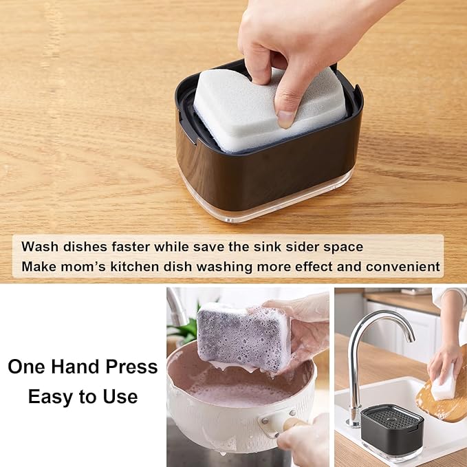 10oz Dish Soap Dispenser for Kitchen Sink with Sponge Holder Push Down Pump Soap Dispenser Kitchen Premium Quality Sink Dish Washing- Black