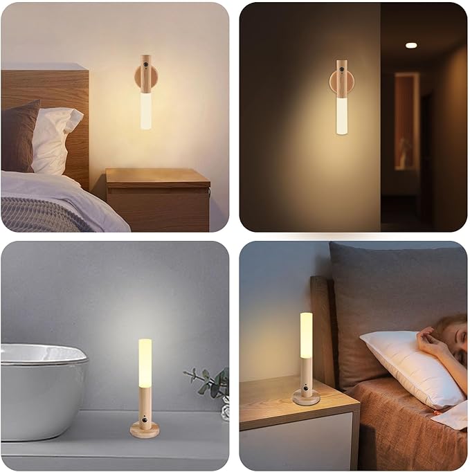 LANDGOO LED Wall Sconces Motion Sensor Lights Portable 360° Lamps Battery Operated Rechargeable Warm Vanity Lighting Fixture Modern for Living Room Bedroom (White Ash Wood 1PC)