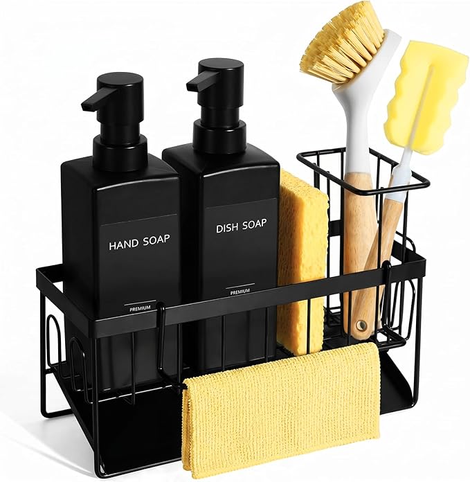 GMISUN Dish Soap Dispenser, 12 fl oz / 350 ml Dual Kitchen Soap Dispensers with Sponge Holder, Customized Matte Black Kitchen Soap Dispenser Set, Modern Hand and Dish Soap Bottle Set Removable