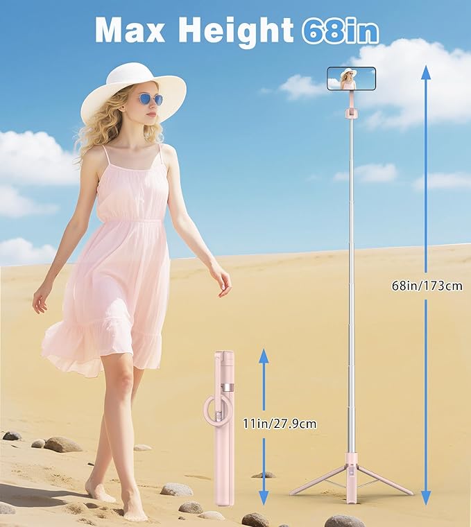 TONEOF 68" Magnetic Selfie Stick Tripod with Aluminum Strong Magnetic Holder for Magsafe, 360° Rotatable Travel Phone Tripod Stand with Metal Ring & Rechargeable Remote for iPhone/Android（Pink）